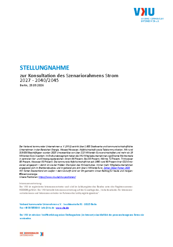 Deckblatt der Publikation VKU Stellungnahme zur Konsultation des Szenariorahmens Strom 2027 - 2040/2045