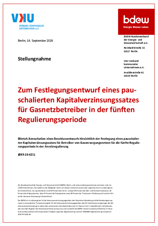 Deckblatt der Publikation Festlegung WACC-Gas: Gemeinsame BDEW/VKU-Stellungnahme