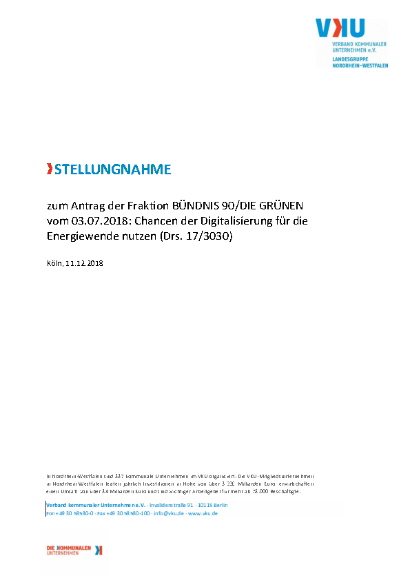 Stellungnahme der VKU Landesgruppe NRW zu LT-Drs. 17/3030 Stellungnahme der VKU Landesgruppe NRW zu LT-Drs. 17/3030
