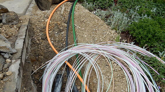 Draht und Kabel in einem offenen Graben auf einer Baustelle, umgeben von Erde und Pflanzen. Im Hintergrund ist eine Baumaschine sichtbar.