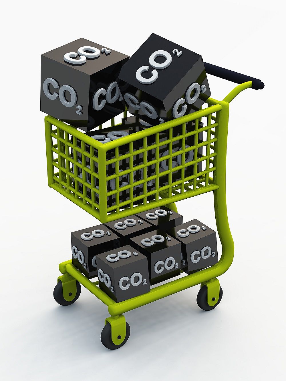 3D CO2 Emissionshandel mit Einkaufswagen
