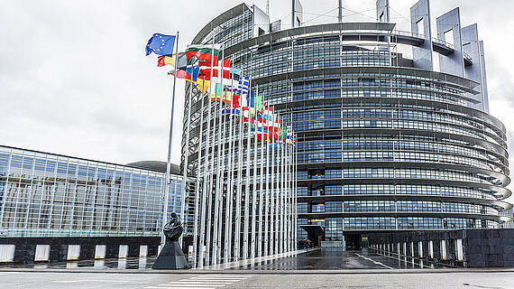 Das Europäische Parlament in Straßburg, ein modernes Gebäude mit einer Glasfassade, vor dem verschiedene Flaggen der Mitgliedstaaten der Europäischen Union wehen.
