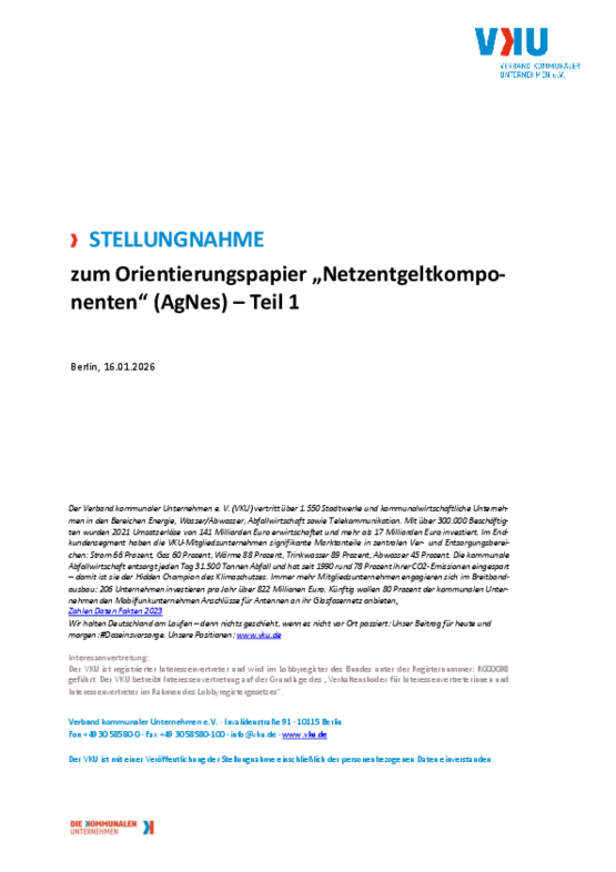 Deckblatt der Publikation VKU-Stellungnahme zum Orientierungspapier „Netzentgeltkomponenten“ (AgNes) – Teil 1