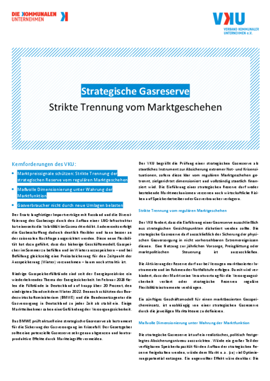 Deckblatt der Publikation Strategische Gasreserve - Strikte Trennung vom Marktgeschehen