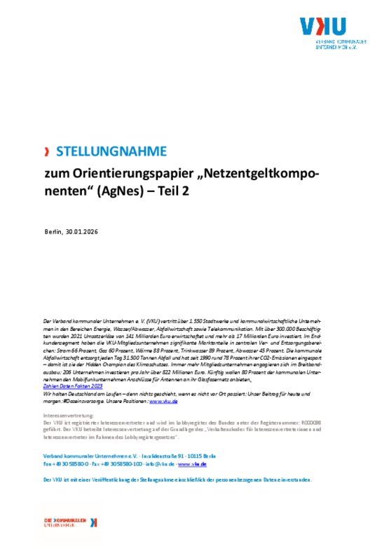 Deckblatt der Publikation VKU-Stellungnahme zum Orientierungspapier „Netzentgeltkomponenten“ (AgNes) – Teil 2
