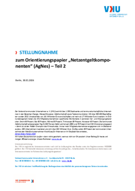 Deckblatt der Publikation VKU-Stellungnahme zum Orientierungspapier „Netzentgeltkomponenten“ (AgNes) – Teil 2