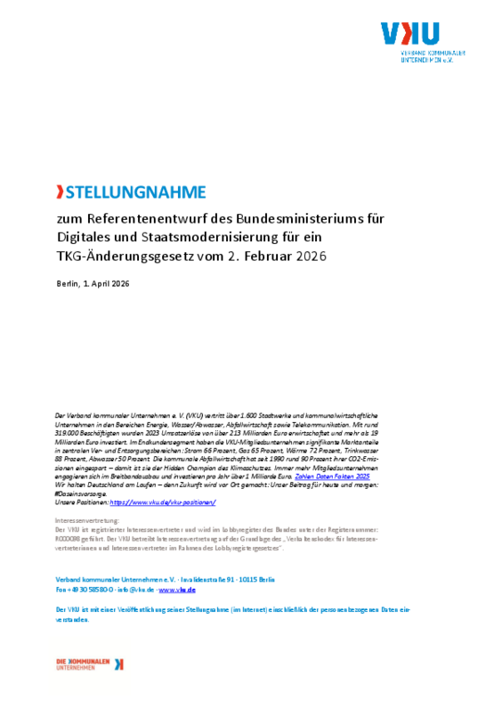 Deckblatt der Publikation VKU-Stellungnahme zum Referentenentwurf für ein TKG-Änderungsgesetz 2026