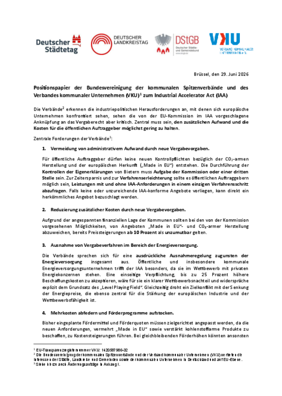 Deckblatt der Publikation Positionspapier des VKU und der kommunalen Spitzenverbände zum Industrial Accelerator Act (IAA)
