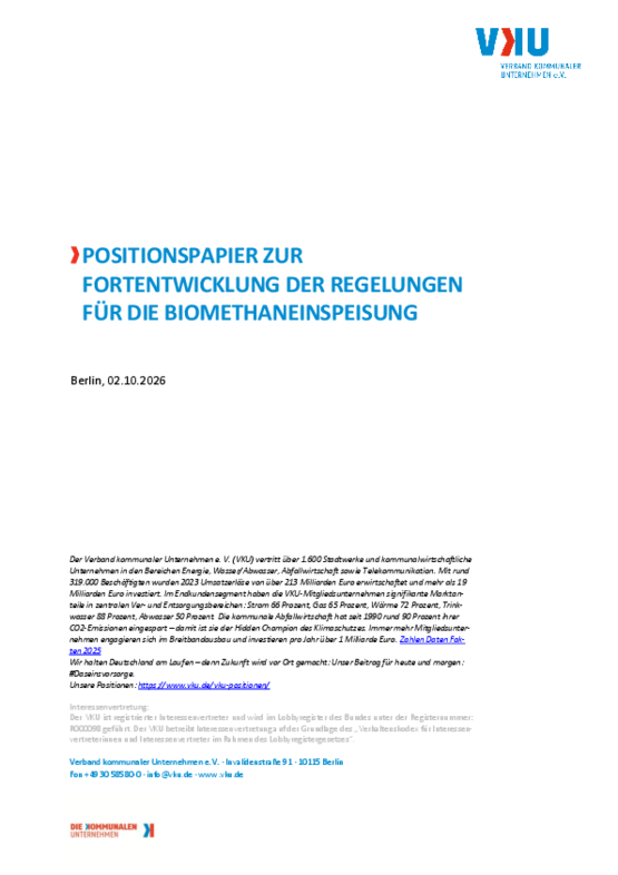 Deckblatt der Publikation Positionspapier zur Fortentwicklung der Regelungen für die Biomethaneinspeisung