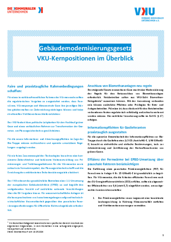 Deckblatt der Publikation Gebäudemodernisierungsgesetz - VKU-Kernpositionen im Überblick