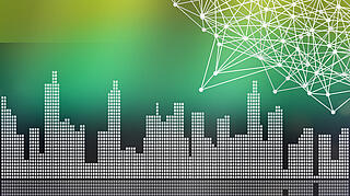 Eine Skyline von Hochhäusern aus weißen Quadraten vor grünem Hintergrund. Oben links in der Ecke ist ein weißes Netzwerk auf Linien und Punkten