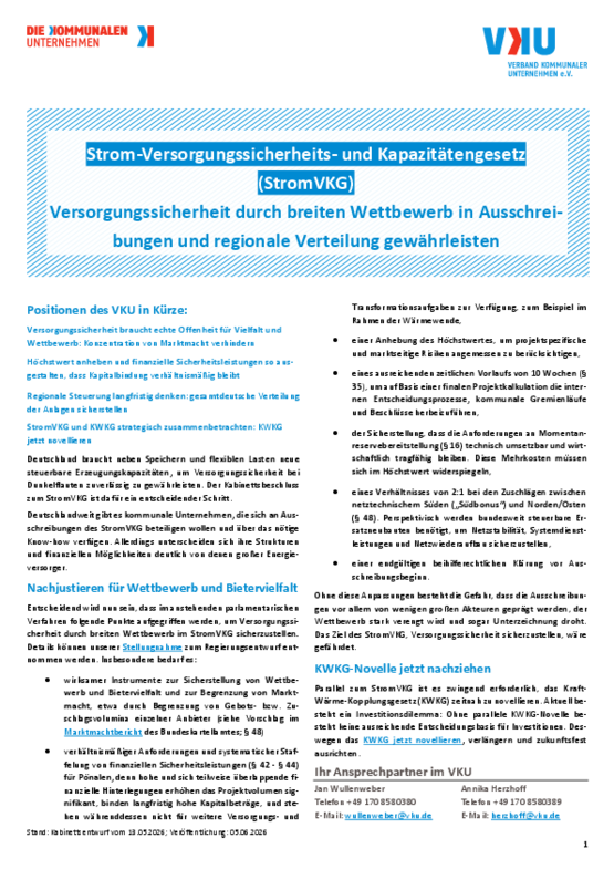 Deckblatt der Publikation Strom-Versorgungssicherheits- und Kapazitätengesetz (StromVKG) - Versorgungssicherheit durch breiten Wettbewerb in Ausschreibungen und regionale Verteilung gewährleisten