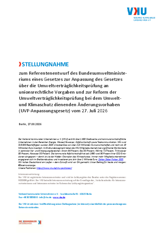 Deckblatt der Publikation VKU-Stellungnahme zum UVP-Anpassungsgesetz und WRRL-Fragebogen