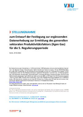 Deckblatt der Publikation VKU-Stellungnahme zur ergänzenden Datenerhebung zur Ermittlung des Xgen Gas für die 5. Regulierungsperiode