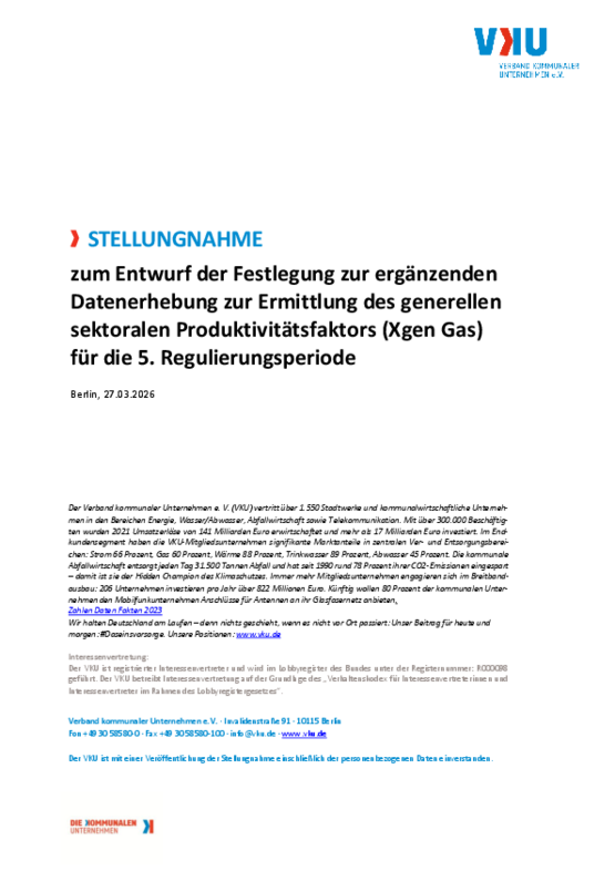 Deckblatt der Publikation VKU-Stellungnahme zur ergänzenden Datenerhebung zur Ermittlung des Xgen Gas für die 5. Regulierungsperiode