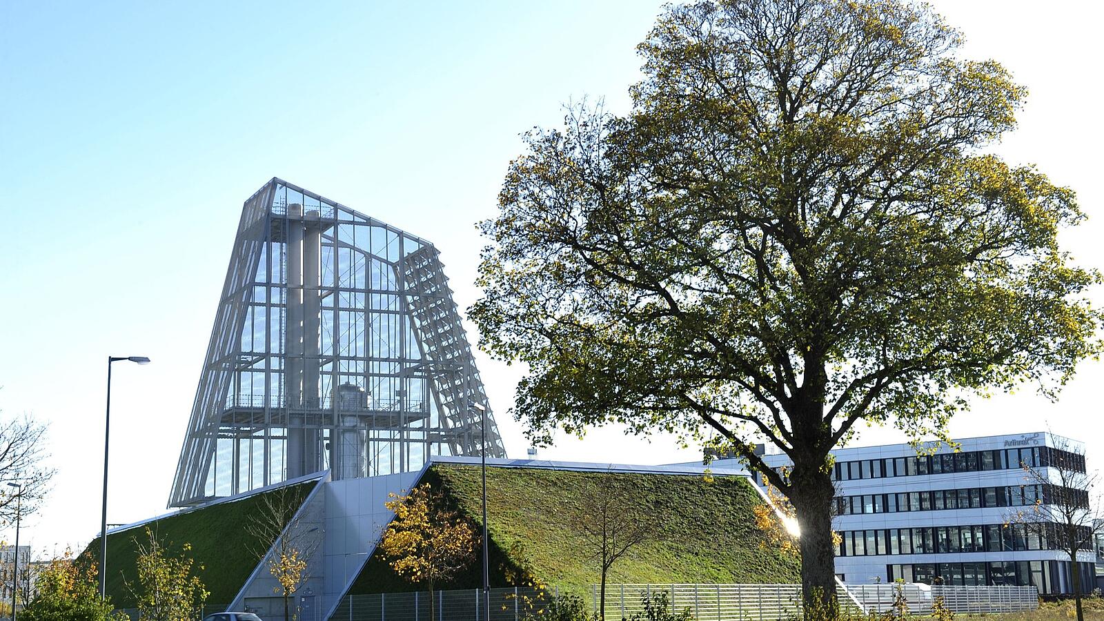 Modernes Gebäude mit Glasfassade und begrünter Dachfläche, daneben ein großer Baum unter blauem Himmel.