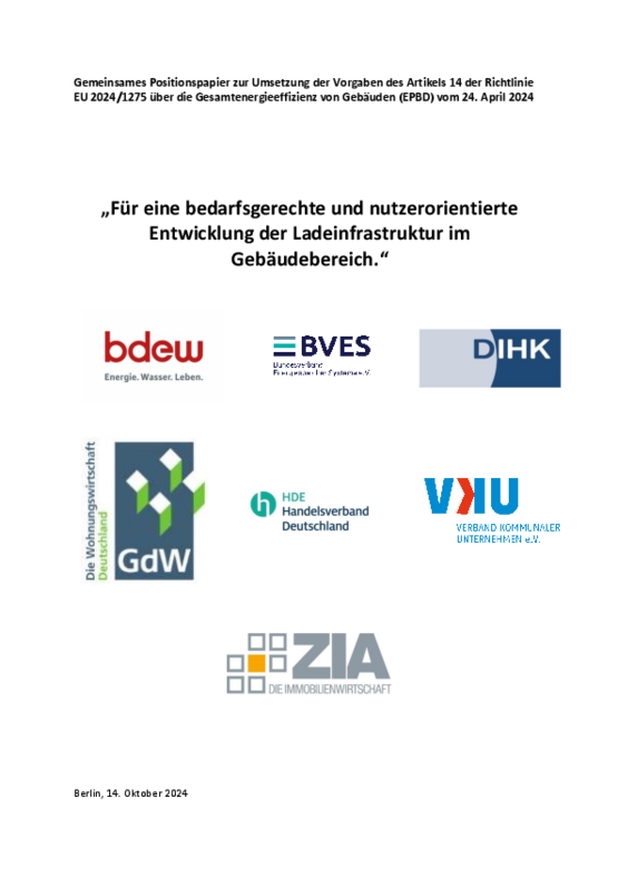 Deckblatt der Publikation Gemeinsames Verbändepapier zur Umsetzung der Ladeinfrastrukturvorgaben des Artikels 14 der EPBD