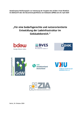 Deckblatt der Publikation Gemeinsames Verbändepapier zur Umsetzung der Ladeinfrastrukturvorgaben des Artikels 14 der EPBD