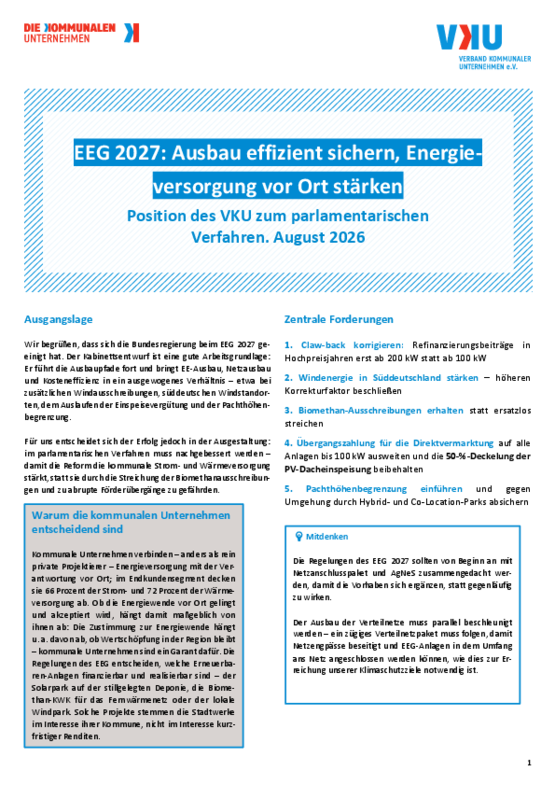 Deckblatt der Publikation EEG 2027: Ausbau effizient sichern, Energieversorgung vor Ort stärken