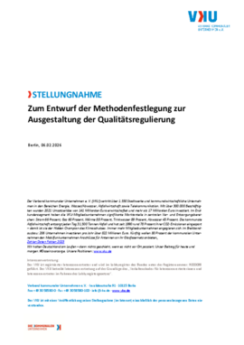 Deckblatt der Publikation VKU-Stellungnahme zum Entwurf der Methodenfestlegung zur Ausgestaltung der Qualitätsregulierung