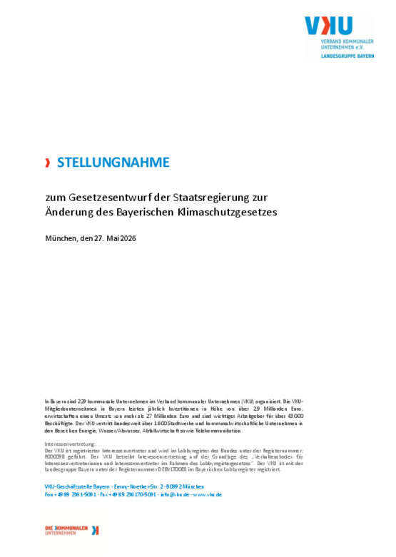 Deckblatt der Publikation VKU-Stellungnahme zur Änderung des Bayerischen Klimaschutzgesetzes