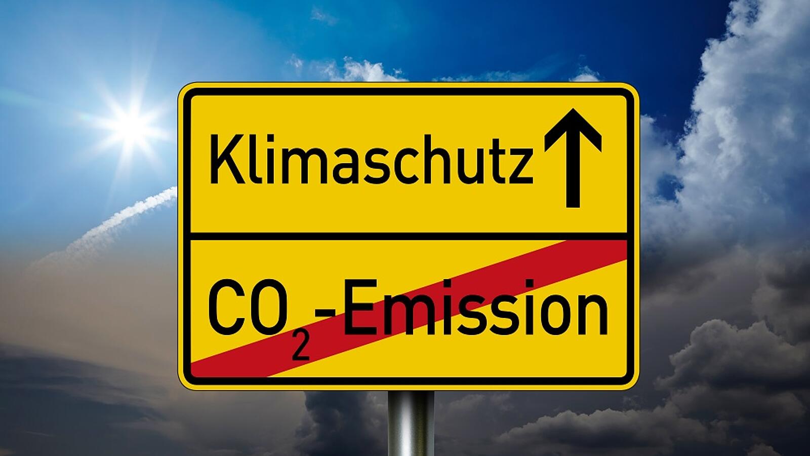 Ein gelbes Ortsschild, auf dem Klimaschutz steht mit einem Pfeil nach oben. Darunter ist mit roter Linie 'CO2-Emission' durchgestrichen.