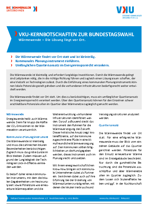 VKU-Kernbotschaften zur Bundestagswahl: Wärme VKU-Kernbotschaften zur Bundestagswahl: Wärme