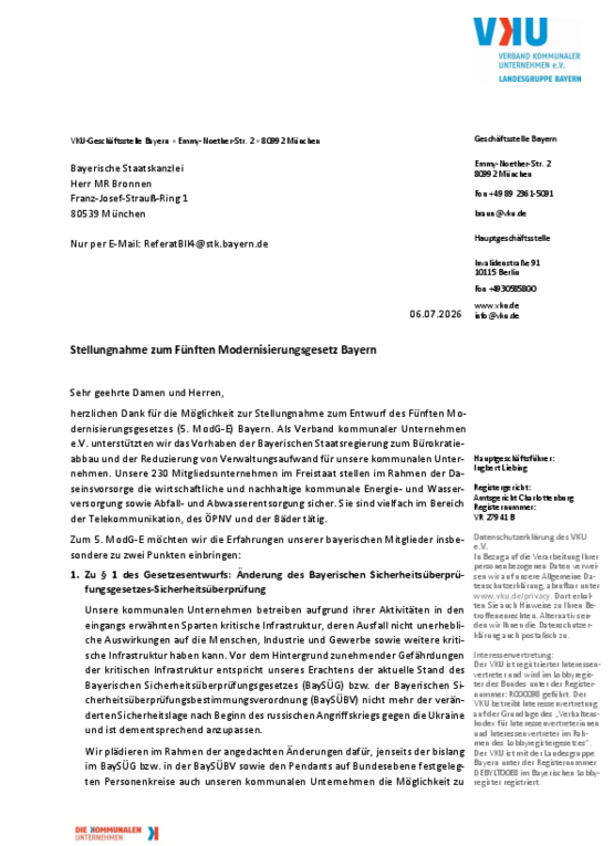 Deckblatt der Publikation VKU-Stellungnahme zum Gesetzesentwurf der Staatsregierung für das Fünfte Modernisierungsgesetz Bayern