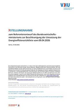 Deckblatt der Publikation VKU-Stellungnahme zum Referentenentwurf des Bundeswirtschaftsministeriums zur Beschleunigung der Umsetzung der  Energieeffizienzrichtlinie vom 09.04.2026