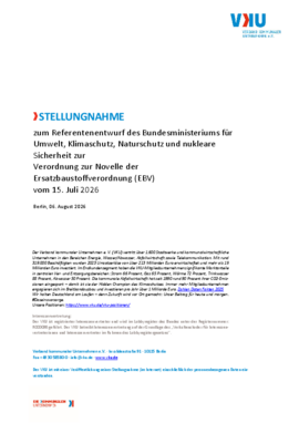 Deckblatt der Publikation VKU-Stellungnahme zum Referentenentwurf des Bundesministeriums für Umwelt, Klimaschutz, Naturschutz und nukleare Sicherheit zur Verordnung zur Novelle der Ersatzbaustoffverordnung (EBV)