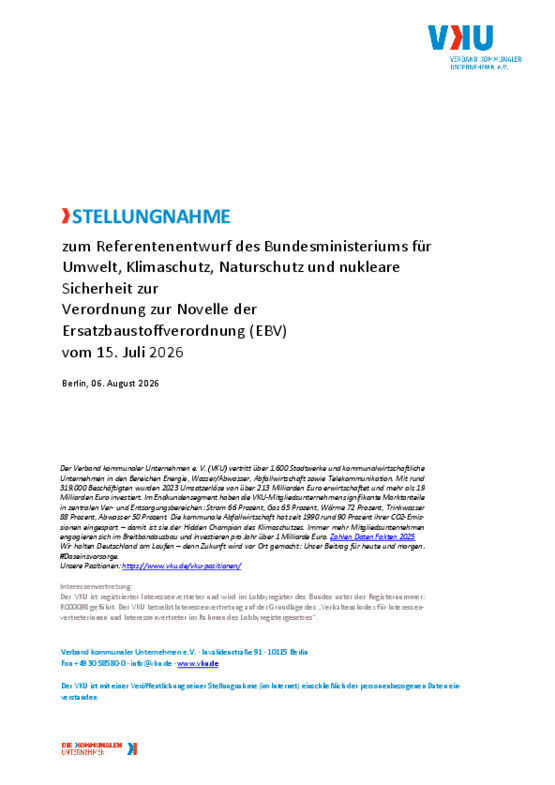 Deckblatt der Publikation VKU-Stellungnahme zum Referentenentwurf des Bundesministeriums für Umwelt, Klimaschutz, Naturschutz und nukleare Sicherheit zur Verordnung zur Novelle der Ersatzbaustoffverordnung (EBV)