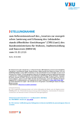 Deckblatt der Publikation VKU-STELLUNGNAHME zum Referentenentwurf des „Gesetzes zur energetischen Sanierung und Erfassung des Gebäudebestands öffentlicher Einrichtungen“ (ÖffEGSanG) des Bundesministeriums für Wohnen, Stadtentwicklung und Bauwesen (BMWSB) vom 06.10.2026