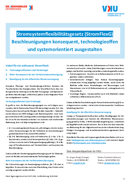 Deckblatt der Publikation Stromsystemflexibilitätsgesetz (StromFlexG): Beschleunigungen konsequent, technologieoffen und systemorientiert ausgestalten