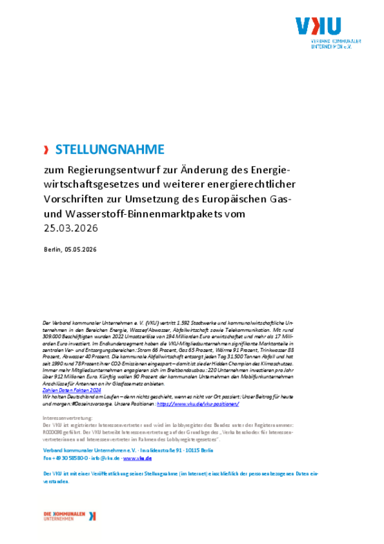 Deckblatt der Publikation VKU-STELLUNGNAHME zum Regierungsentwurf zur Änderung des Energiewirtschaftsgesetzes und weiterer energierechtlicher Vorschriften zur Umsetzung des Europäischen Gas- und Wasserstoff-Binnenmarktpakets