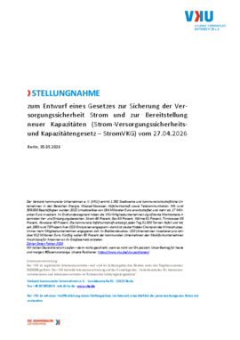 Deckblatt der Publikation VKU-Stellungnahme zum Entwurf eines Gesetzes zur Sicherung der Versorgungssicherheit Strom und zur Bereitstellung neuer Kapazitäten (Strom-Versorgungssicherheits- und Kapazitätengesetz – StromVKG) vom 27.04.2026