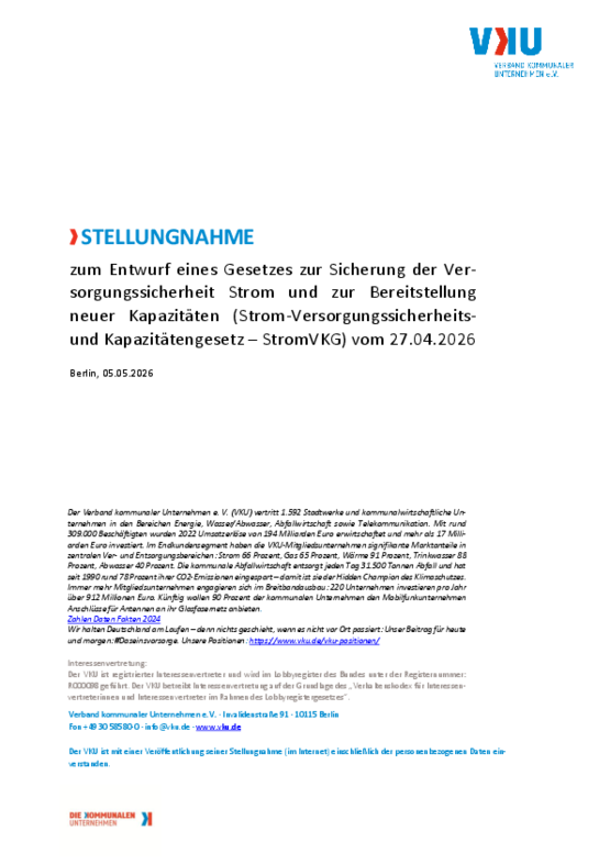 Deckblatt der Publikation VKU-Stellungnahme zum Entwurf eines Gesetzes zur Sicherung der Versorgungssicherheit Strom und zur Bereitstellung neuer Kapazitäten (Strom-Versorgungssicherheits- und Kapazitätengesetz – StromVKG) vom 27.04.2026