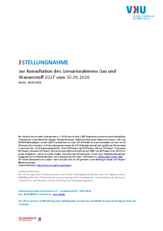 Deckblatt der Publikation VKU Stellungnahme zur Konsultation des Szenariorahmens Gas und Wasserstoff 2027 vom 30.06.2026