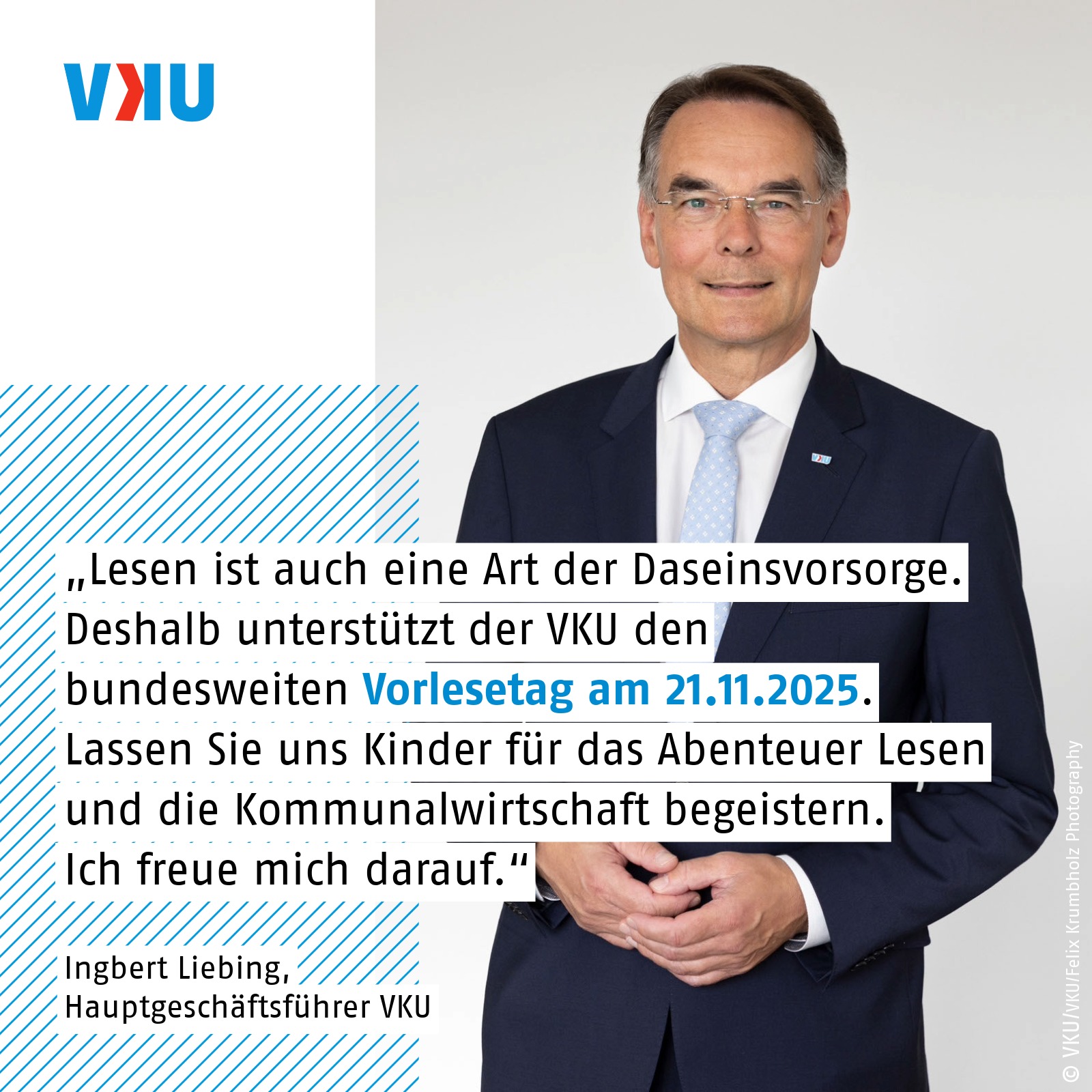 Zitatkachel mit Foto von VKU-Hauptgeschäftsführer Ingbert Liebing und Zitattext über die Beteiligung am Vorlesetag als Art der Daseinsvorsorge.