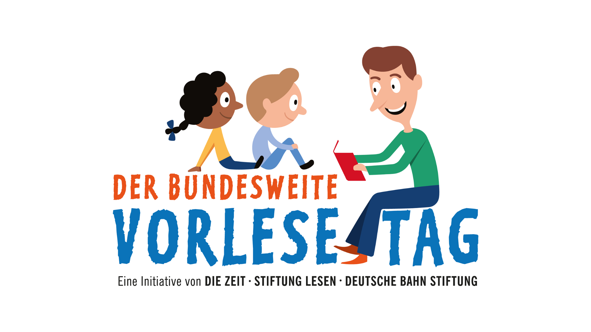 Ein Mann liest zwei Kindern aus einem Buch vor; daneben steht der Schriftzug „Der Bundesweite Vorlesetag“ sowie die Logos von DIE ZEIT, Stiftung Lesen und Deutsche Bahn Stiftung.