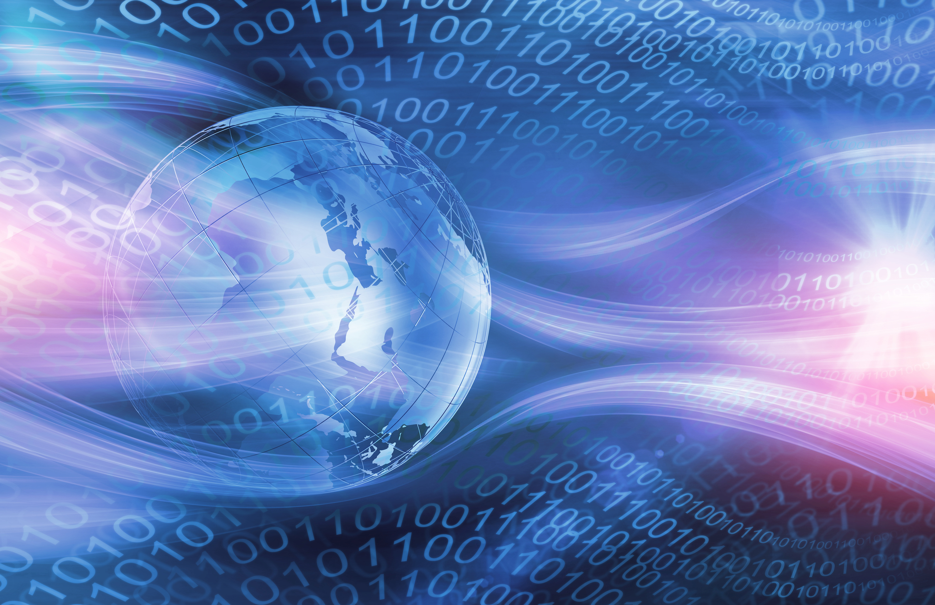 Digitale Illustration einer Weltkugel umgeben von Binärcode und Lichtwellen in Blau und Pink.