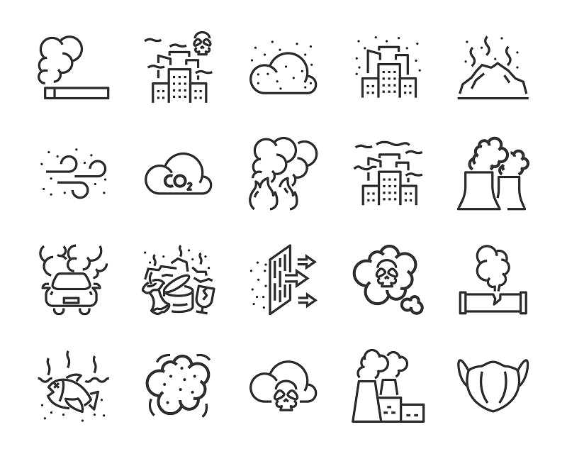 set of air pollution icons, such as, smoke, dust, gas, industry, pm 2.5